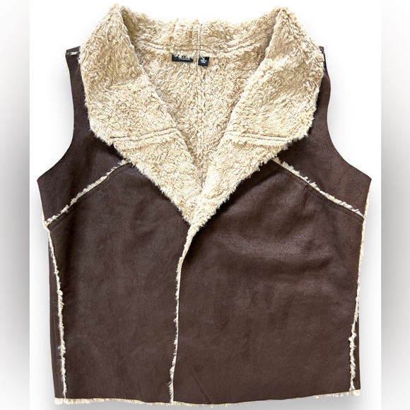 Faux Brown Suede and Tan Shearling Vest - Picture 1 of 9